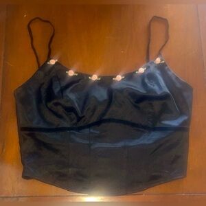 NWT Wild Fable Women's Medium Rosette Satin Corset Tank Top Black Pink Roses